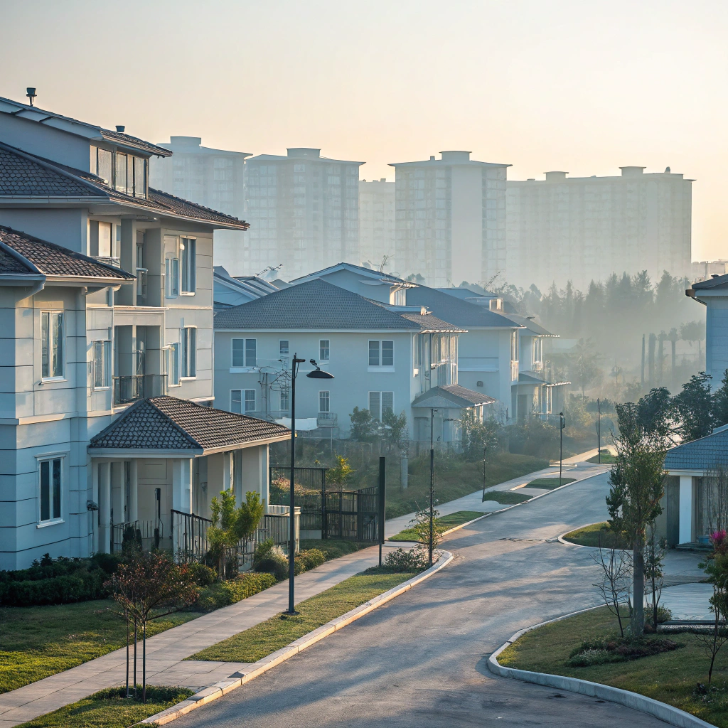 Generate a realistic image focusing on apartments, buildings, and modern detached houses, emphasizing a serene and inviting atmosphere. The color scheme should harmonize with a light blue background, creating a welcoming environment suitable for a real estate website. No people should be present in the image.Do not include any text, phrases, numbers, letters, symbols, signs, labels, logos, buttons, or UI elements of any kind.Absolutely no writing or anything that resembles text, including decorative text-like patterns